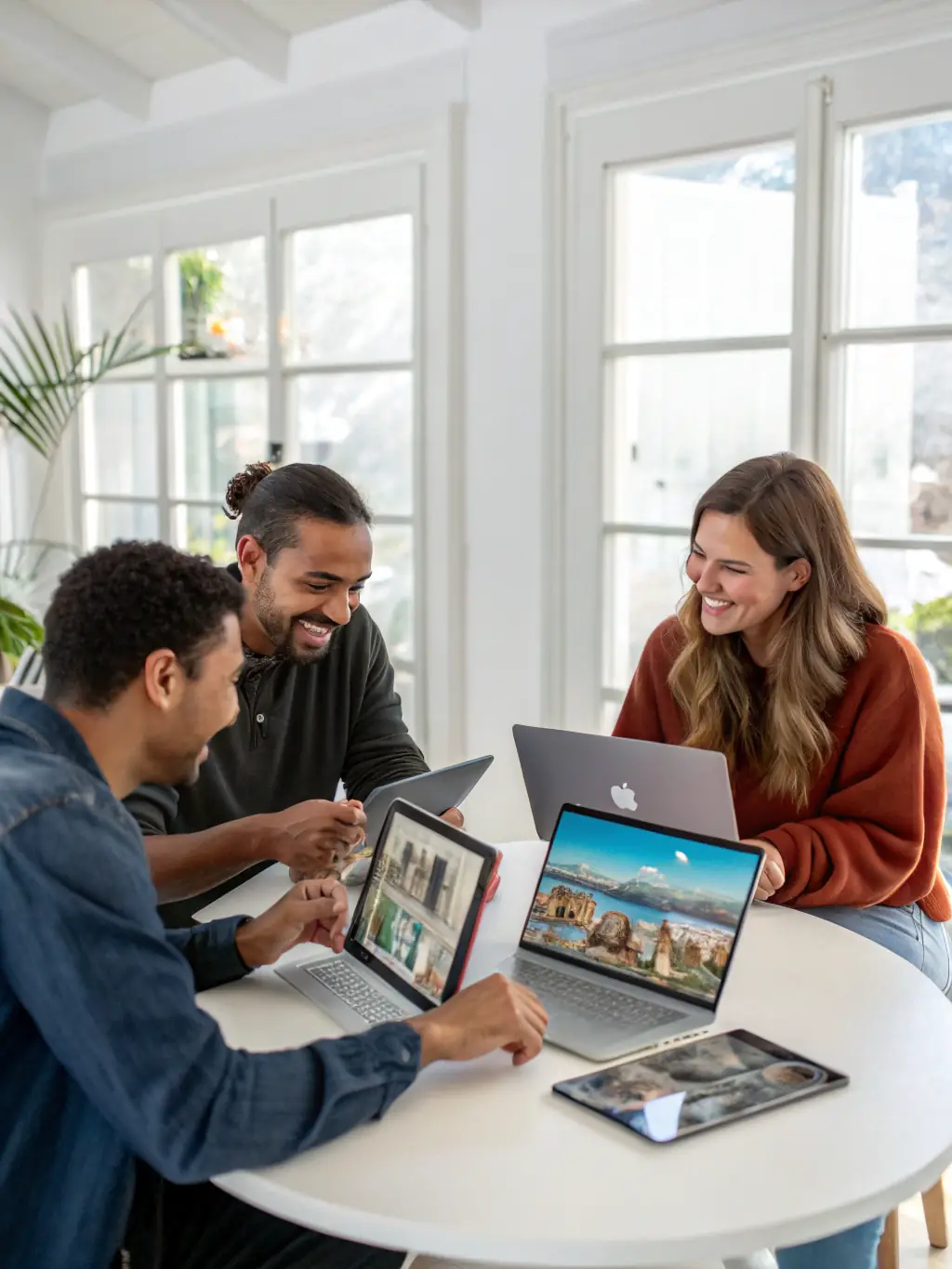 A diverse group of people happily filing their taxes online, showcasing the ease and accessibility of KarSeva's services.