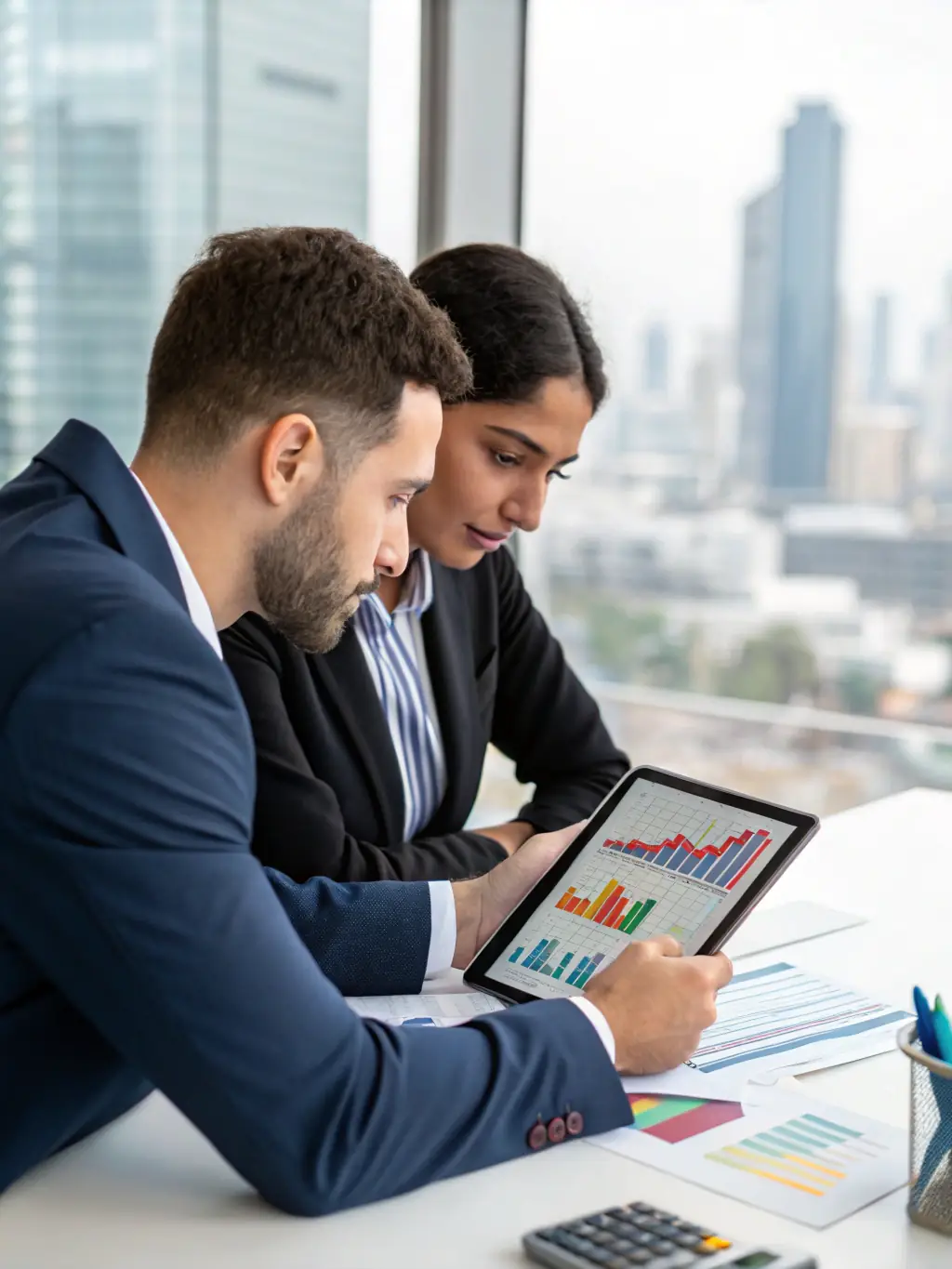 A financial advisor discussing tax strategies with a client using digital tablets, representing tax consultation and planning services.