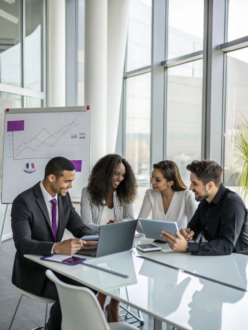 A team of experienced tax consultants collaborating on complex business tax strategies in a modern office environment.