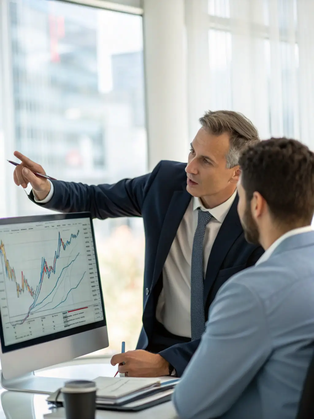 A financial advisor providing tax consultation and planning advice to a client, using digital tools to illustrate financial strategies.