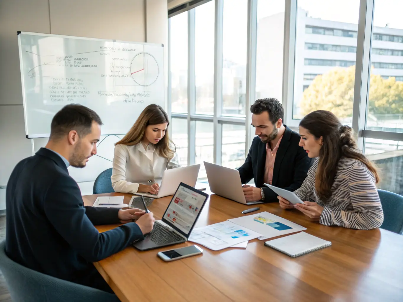A group of professionals in a modern office setting, discussing business tax strategies and reviewing financial statements.
