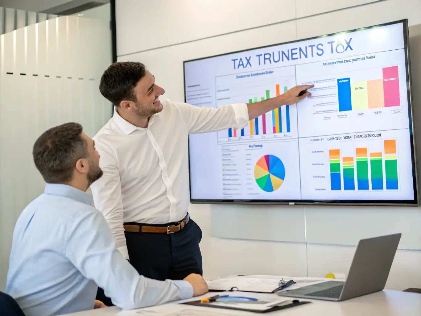 A consultant advising a client on tax planning strategies, with charts and graphs illustrating financial projections.